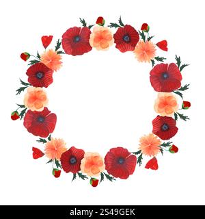Élégante couronne florale à l'aquarelle avec coquelicots rouges, roses orange et feuilles délicates. Parfait pour les invitations de mariage, les cartes de voeux Banque D'Images