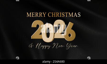 Bonne année 2026. Conception festive vectorielle 3D avec numéro d'or sur un fond de tissu noir. Design de luxe pour les bannières de Noël et du nouvel an, fl Illustration de Vecteur