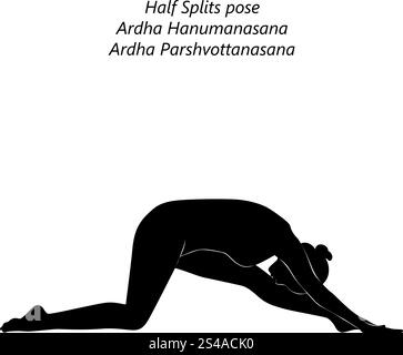 Silhouette de femme pratiquant la pose de yoga Ardha Hanumanasana. Demi-posture du singe divin ou demi-posture du singe divin. Illustration vectorielle isolée Illustration de Vecteur