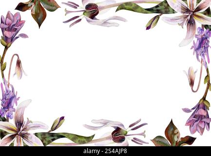 Fleurs de forêt printanière, lys de truite érythronium blanc, bourgeon de magnolia mauve camelia, orchidée de vesce corydalis violette dessinée à la main à l'aquarelle. Cadre de bordure Banque D'Images