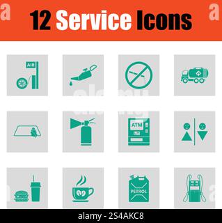 Ensemble de douze icônes de station-service. Ensemble de douze icônes de station-service. Vert sur motif gris. Illustration vectorielle. Illustration de Vecteur