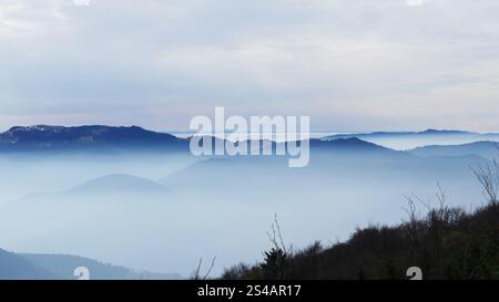Serene Foggy Mountain paysage à l'aube avec Gentle Blue Mist Banque D'Images
