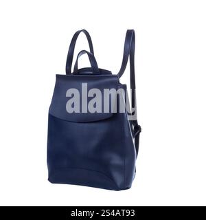 Face avant du sac à dos bleu en cuir isolé sur fond blanc Banque D'Images
