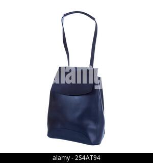 Face avant du sac à dos bleu en cuir isolé sur fond blanc Banque D'Images