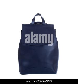 Face avant du sac à dos bleu en cuir isolé sur fond blanc Banque D'Images