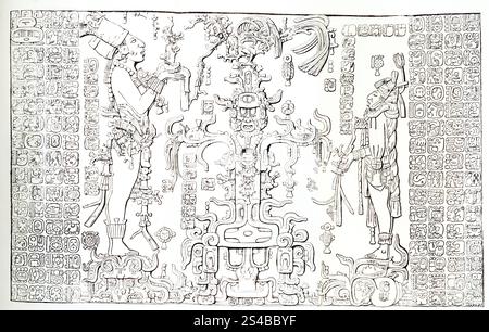 La légende de 1924 se lit comme suit : « panneau sculpté du temple de la Croix foliée à Palenque au Mexique. Adorateur maya présentant une figure symbolique à une divinité anthropomorphe qui se tient sur une coquille. Dans la coquille se trouve le «Dieu à long nez» (Chac-Tlaloc) de la main duquel une plante émerge et enferme la tête du «Dieu du maïs». La croix au centre surmontée de la dinde (oiseau de pluie) représente une divinité dont jaillit le maïs. De [livre] Un aperçu du Guatemala par Un P et Un C Maudslay. Banque D'Images