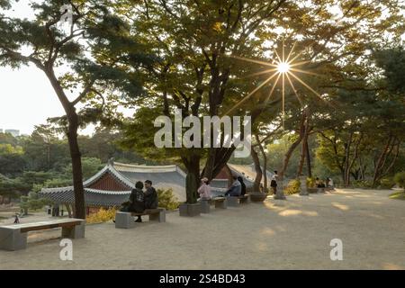 Les gens visitant le parc dans l'eveing au Deoksugung Palace, Séoul Corée du Sud Banque D'Images