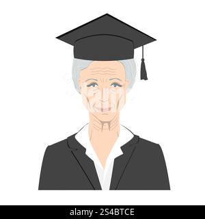 Portrait d'une femme âgée en robe diplômée. Avatar d'une dame professeur âgée, illustration isolée vectorielle Illustration de Vecteur