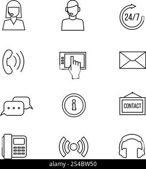 Contact, support des icônes de ligne vectorielle. Icônes de lignes vectorielles de contact ou d'assistance. Communiquer le service d'assistance téléphonique et l'assistance en ligne, aider l'opérateur et les panneaux de présentation de communication Illustration de Vecteur