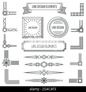 Rétro vecteur linéaire éléments de conception de contour cadres coins badges bordures formes géométriques. Rétro vecteur linéaire éléments de conception de contour coins badges bordures formes géométriques. Illustration de cadres hipster vintage ligne minimale Illustration de Vecteur
