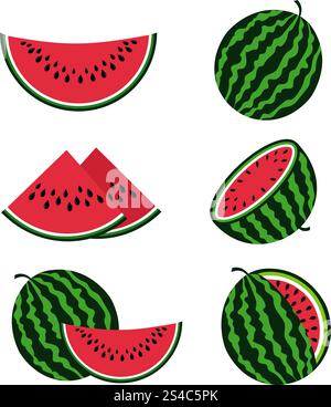 Ensemble de vecteurs de dessins animés plats de pastèques et de tranches de pastèque. Ensemble de vecteurs de dessins animés plats de pastèques et de tranches de pastèque. Illustration biologique fFesh et fruits sucrés Illustration de Vecteur