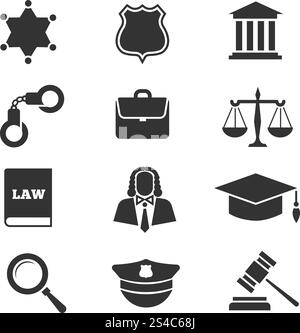 Justice, loi, icônes vectorielles de police. Justice, loi, icônes vectorielles de police. Ensemble d'icônes de justice, illustration justice juridique Illustration de Vecteur