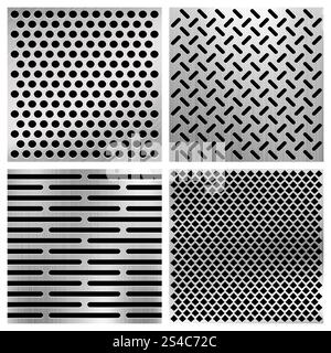Textures vectorielles perforées en métal industriel, ensemble de grilles métalliques. Textures vectorielles perforées en métal industriel, ensemble de grilles métalliques. Panneau de surface avec trous illustration Illustration de Vecteur