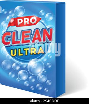Conception de détergent en poudre sur la maquette de vecteur d'emballage en carton. Conception de détergent en poudre sur la maquette de vecteur d'emballage en carton. Produit chimique de lavage en poudre, lavage d'emballage, sac, illustration de nettoyage de lavage Illustration de Vecteur