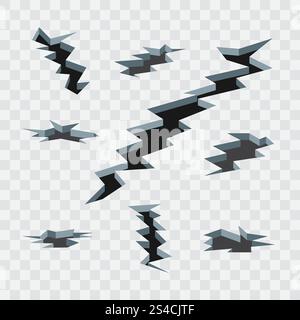 Fissures de dessin animé dans le sol isolées sur un ensemble vectoriel de fond quadrillé transparent .. Fissures de dessin animé dans le sol isolées sur un ensemble vectoriel de fond à damier transparent. Tremblement de terre et fente sur l'illustration de surface Illustration de Vecteur