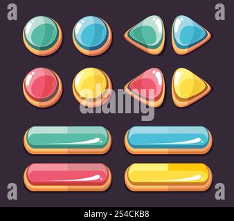 Jeu vectoriel de boutons brillants de couleur pour l'interface utilisateur de jeux informatiques. Boutons brillants couleur ronds et rectangulaires. Ensemble d'icônes pour interface utilisateur de jeux informatiques. Illustration vectorielle Illustration de Vecteur