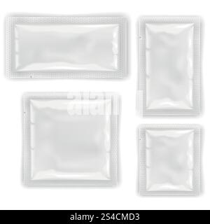 Feuille vide blanche, emballage en plastique pour les modèles de vecteurs cosmétiques et alimentaires, maquettes de conception. Feuille vide blanche, emballage en plastique pour les modèles vectoriels de cosmétiques et de nourriture, emballage scellé de maquettes de conception pour les lingettes ou l'illustration de préservatif Illustration de Vecteur