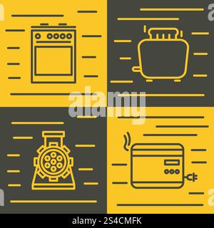 Icônes des appareils électroménagers. Icônes d'appareils ménagers dans le style de ligne sur fond jaune et marron. Illustration vectorielle Illustration de Vecteur