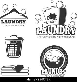 Laver le linge propre étiquettes vectorielles vintage, emblèmes, logos, badges ensemble. Laver le linge propre étiquettes vectorielles vintage, emblèmes, logos, badges ensemble. Machine à laver et seau pour illustation de vêtements sales Illustration de Vecteur
