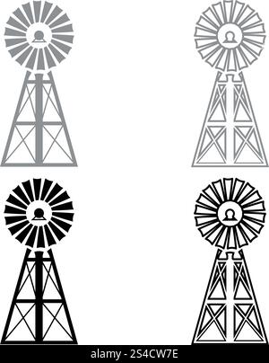 Wind turbine moulin classic american icon set illustration couleur gris noir style plat simple image Illustration de Vecteur