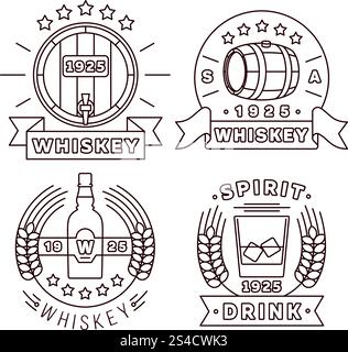 Ensemble logo whisky style ligne fine. Vector alcool boissons étiquettes modernes pour pub et bar. Illustration logo whisky défini dans un style de ligne mince. Vector whisky alcool boissons étiquettes modernes pour pub et bar à whisky Illustration de Vecteur