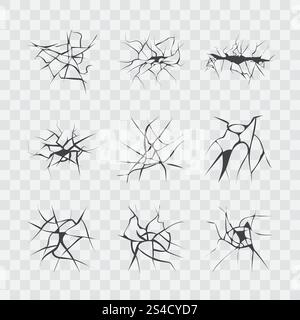 Fissures murales réalistes isolées sur fond transparent à damier. Fissures murales réalistes isolées sur fond transparent à damier. Illustration des dommages et fissures dans le sol après un tremblement de terre Illustration de Vecteur