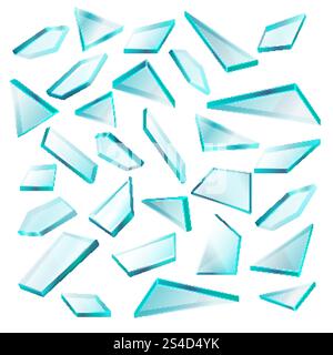 Éclats de verre cassés isolés sur l'ensemble de vecteur blanc. Transparent de verre de fragment pointu, illustration de verre de forme cassée. Éclats de verre cassés isolés sur l'ensemble de vecteur blanc Illustration de Vecteur