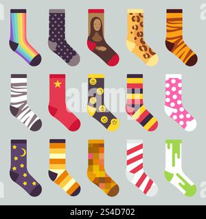 Vecteur de chaussettes chaudes pour enfant coloré textile. Ensemble de chaussettes avec motif coloré, illustration de chaussettes en laine. Ensemble vectoriel de chaussettes chaudes pour enfant coloré textile Illustration de Vecteur