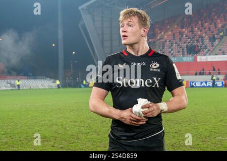 Limerick, Irlande. 11 janvier 2025. Nathan Michelow des Saracens après la Coupe des Champions Investec, Poule 3, Round 3 match entre Munster Rugby et Saracens au Thomond Park à Limerick, Irlande le 11 janvier 2025 (photo par Andrew SURMA/ Credit : Sipa USA/Alamy Live News Banque D'Images