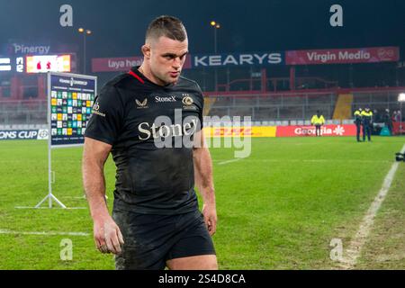 Limerick, Irlande. 11 janvier 2025. Ben Earl of Saracens a été déçu après le match de la Coupe des Champions Investec, Poule 3e tour entre Munster Rugby et Saracens au Thomond Park à Limerick, Irlande le 11 janvier 2025 (photo par Andrew SURMA/ Credit : Sipa USA/Alamy Live News Banque D'Images