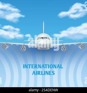 Avion réaliste, avion, avion dans le ciel avec fond de voyage de vecteur de nuages blancs, affiche promo. Bannière compagnie aérienne internationale avec avion de passagers dans l'illustration de vol. Avion réaliste, avion, avion dans le ciel avec fond de voyage de vecteur de nuages blancs, affiche promo Illustration de Vecteur