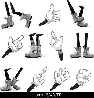 Vecteur de mains et de jambes de dessin animé. Collection de mains et de jambes de bande dessinée pour l'animation, illustration de la main comique dans des chaussures de gants et de jambes. Collection vectorielle de mains et jambes de dessin animé Illustration de Vecteur