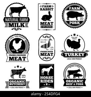 Viande vintage d'animal de ferme, logos vectoriels de boucherie, badges, étiquettes. Logo marque de viande de bœuf et de porc bio, illustration du logo de boucherie avec des animaux à silhouette noire. Viande vintage d'animal de ferme, logos vectoriels de boucherie, badges, étiquettes Illustration de Vecteur