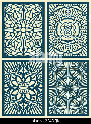 Cartes de motif vectoriel de fretwork découpées au laser, panneaux. Motif sculpté dans le bois. Illustration de motif de fleur. Cartes de motif vectoriel de fretwork découpées au laser, panneaux Illustration de Vecteur