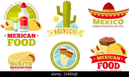 Badges vectoriels de restaurant de salsa mexicain. Étiquettes, logos et emblèmes pour le café mexicain, illustration de badge de couleur cuisine mexicaine. Badges vectoriels, étiquettes, logos et emblèmes de restaurant de salsa mexicain Illustration de Vecteur
