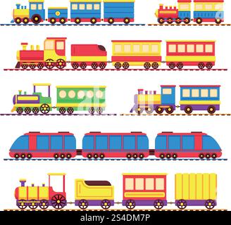 Train jouet d'enfants de dessin animé, locomotive et wagons ensemble de vecteur. Locomotive de couleur de voyage d'enfants, jouets pour l'illustration de transport. Train jouet d'enfants de dessin animé, locomotive et wagons ensemble de vecteur Illustration de Vecteur
