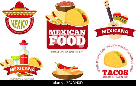 Graphismes de restaurant mexicain vintage, tacos, burrito, salsa et nachos badges vectoriels, étiquettes, logos et emblèmes. Ensemble de logo pour illustration de café mexicain. Graphismes de restaurant mexicain vintage, tacos, burrito, salsa et nachos badges vectoriels, étiquettes, logos et emblèmes. Illustration de Vecteur