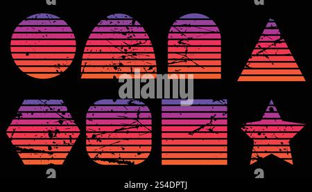 Ensemble de couchers de soleil rétro dans le style des années 80 et 90 Retro Sunset Retrowave Backgrounds Art Bundle. Couchers de soleil horizontaux avec textures Grunge. Illustration de Vecteur