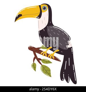 Mignon dessin animé Toucan, grand oiseau tropical dans le style plat isolé sur fond blanc. Illustration de Vecteur