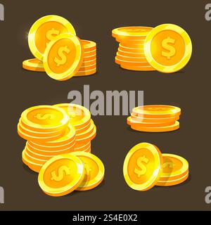 Icônes vectorielles de pièces d'or, piles et tas de pièces d'or. Illustration de monnaie financière dollar. Icônes vectorielles de pièces d'or, piles et tas de pièces d'or Illustration de Vecteur