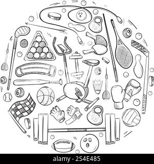 Jeu d'icônes de doodle de vecteur de choses de sport actives. Baseball et entraînement sportif fitness, illustration de dessin, équipement sportif. Jeu d'icônes de doodle de vecteur de choses de sport actives Illustration de Vecteur
