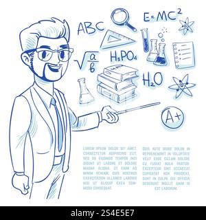 Professeur au tableau noir et l'éducation griffonner les icônes. retour à l'école concept de vecteur dessiné à la main. Professeur avec pointeur, illustration de l'enseignant d'école de croquis. Professeur au tableau noir et l'éducation griffonner les icônes. retour à l'école concept de vecteur dessiné à la main Illustration de Vecteur