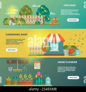 Bannières vectorielles de jardinage avec des outils de jardin, des icônes de graines et de plantes. Verger et magasin de jardinage, fleur de maison, illustration de jardin de bannière web. Bannières vectorielles de jardinage avec des outils de jardin, des icônes de graines et de plantes Illustration de Vecteur