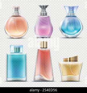 Ensemble de vecteur de bouteilles d'eau de toilette parfumées et de parfum réaliste. Bouteille de parfum de couleur, illustration du parfum d'arôme de parfum. Ensemble de vecteur de bouteilles d'eau de toilette parfumées et de parfum réaliste Illustration de Vecteur
