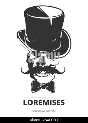 Crâne humain souriant avec cylindre, moustache et noeud papillon isolé sur fond blanc. Illustration vectorielle. Crâne humain souriant avec cylindre Illustration de Vecteur