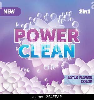 Conception de produit d'emballage vectoriel de poudre de lavage et de détergent. Concept propre avec des bulles de mousse. Bannière de modèle de lavage de détergent pour illustration de conception de paquet. Conception de produit d'emballage vectoriel de poudre de lavage et de détergent. Concept propre avec des bulles de mousse Illustration de Vecteur