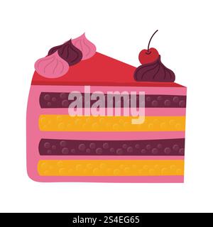 Pièce de dessin animé mignon d'un anniversaire ou d'un mariage ou de tout gâteau d'occasion pour de joyeuses fêtes. Biscuit sucré cuisson à la crème et à la cerise. Illustration de Vecteur