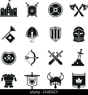 Icônes de vecteur de bouclier et d'épée de guerriers médiévaux. Anciens symboles chevalier. Arme d'épée et collection d'illustration accessoire d'histoire. Icônes de vecteur de bouclier et d'épée de guerriers médiévaux. Anciens symboles chevalier Illustration de Vecteur
