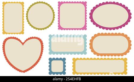 Cadres colorés avec bords ondulés isolés sur blanc. Badges simples avec bordures en zig-zag. Formes d'autocollants Wiggly Illustration de Vecteur