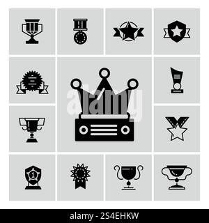 Récompenses, trophée et prix icônes noires. Symbole du vainqueur et du champion. Illustration vectorielle. Récompenses, trophée et prix icônes noires Illustration de Vecteur